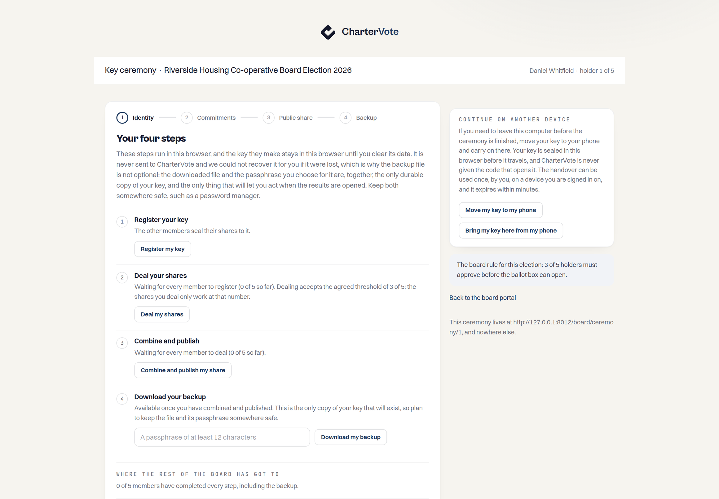 The key ceremony as a trustee sees it: four steps, register a key, deal shares, combine and publish, download a backup, with the board rule of three of five stated alongside