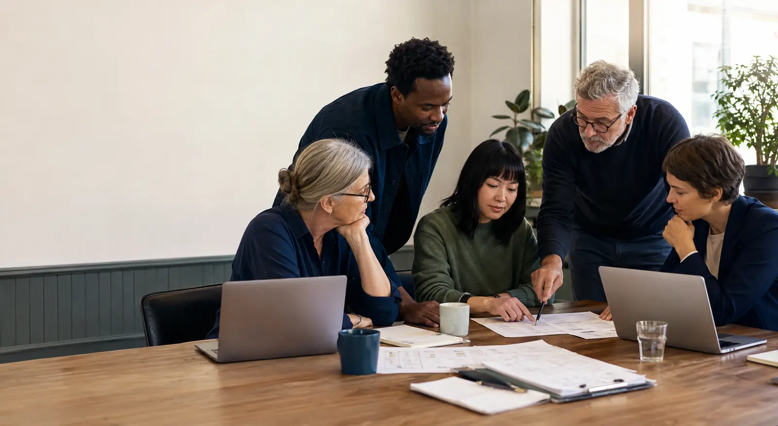 A diverse association election committee reviewing a membership list and election schedule together