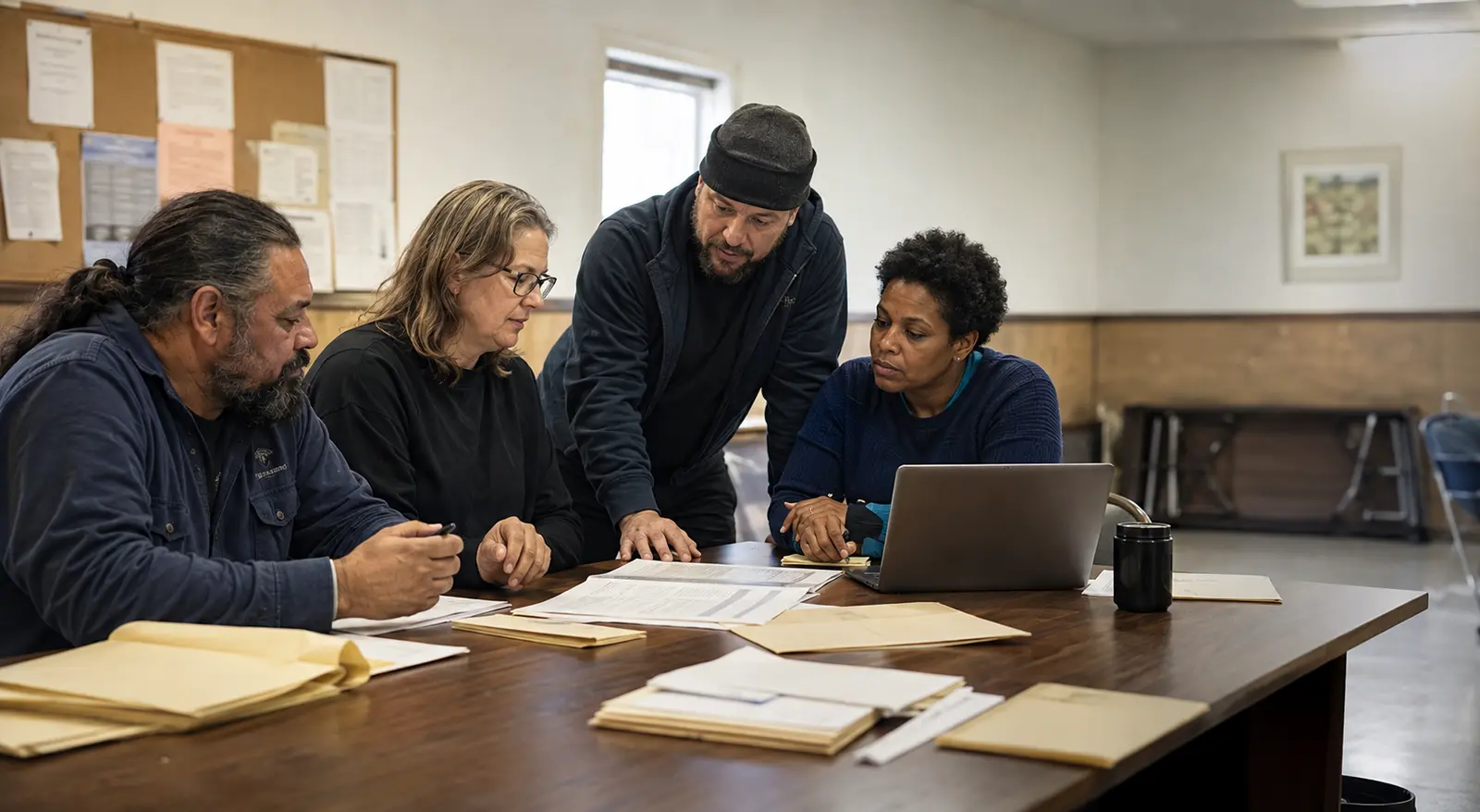 Union election stewards reviewing an eligibility list and election timetable in a union hall