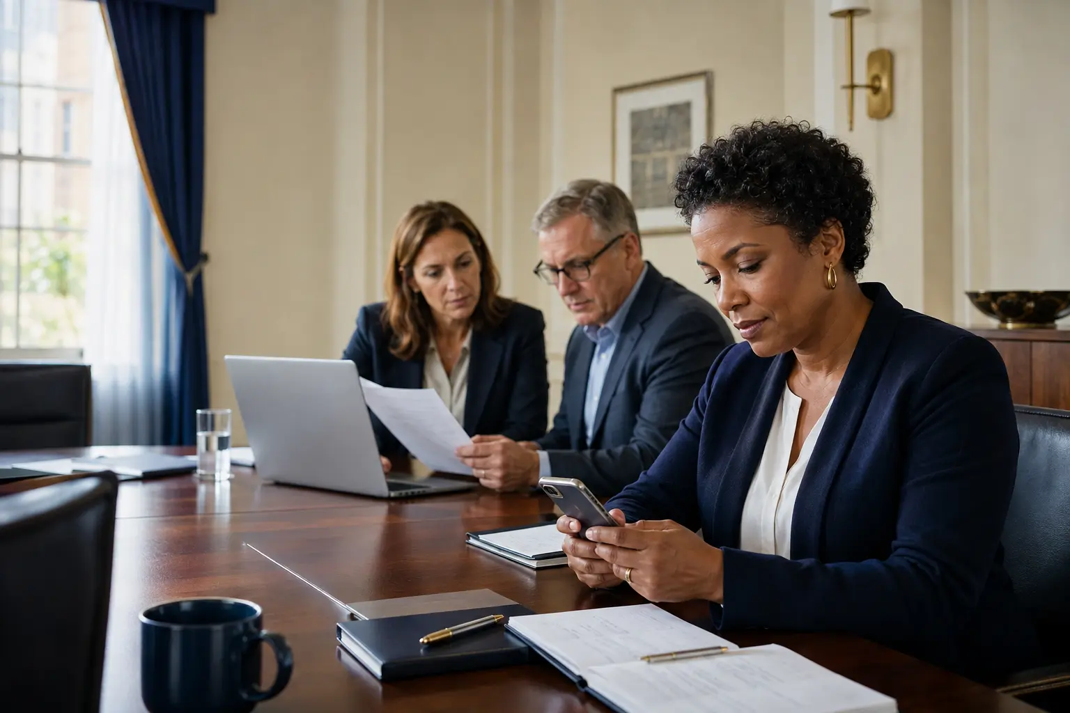 An association election committee reviewing its election record while a member checks a receipt on her phone